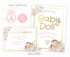 Doll Adoption Certificate, Floral Party Sign (EDITABLE Digital Download)