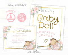 Doll Adoption Certificate, Floral Party Sign (EDITABLE Digital Download)