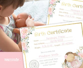 Floral Doll Birth Certificate, Adoption Party (INSTANT DOWNLOAD)