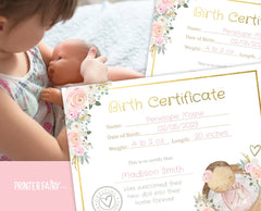 Floral Doll Birth Certificate, Adoption Party (INSTANT DOWNLOAD)