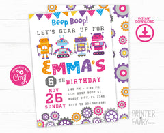 Retro Robot Birthday Invitation, Beep Boop Party (EDITABLE, INSTANT DOWNLOAD)