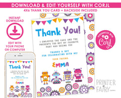 Robot Thank You Card, Editable Beep Boop Party (Instant Download)