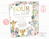 Floral Jungle Safari Girl 4th Birthday Invitation (INSTANT DOWNLOAD)