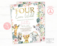 Floral Jungle Safari Girl 4th Birthday Invitation (INSTANT DOWNLOAD)