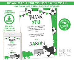 Dinosaur Soccer Thank You Cards, Editable Sports Party (Instant Download)