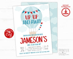 Hot Air Balloon Birthday Invitation, Editable Template (Instant Download)