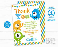 Little Monster Thank You Cards, EDITABLE Notes (Instant Download)