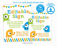 Little Monster Birthday Welcome Sign, EDITABLE (Digital Download)