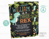 Three Rex Dinosaur Birthday Invitation, Editable Digital Invite (Instant Download)