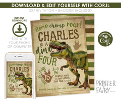Dino Four Birthday Invitation, Editable T-Rex Party (Digital Download)