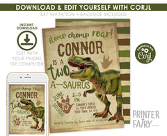 Two-a-saurus Dinosaur 2nd Birthday Invitation, EDITABLE (Digital Download)