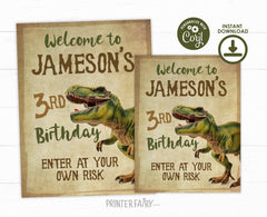 Editable Dinosaur Birthday Welcome Sign, T-Rex Party (Instant Download)
