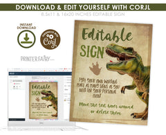 Dinosaur Birthday Sign, Editable T-Rex Party Decor (Instant Download)