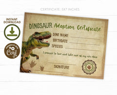 Editable Dinosaur Adoption Certificate, Party Printable (Instant Download)
