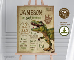 Dinosaur First Birthday Stats Board, T-Rex Party Sign (INSTANT DOWNLOAD)