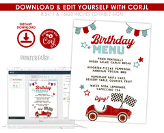 Race Car Birthday Party Menu, EDITABLE dinner sign, Racing Car Party, Racing Party Decorations, Racing Car Birthday Party, Printable Menu