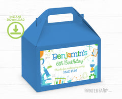 Science Birthday Party Gable Box Label, Editable (Digital)