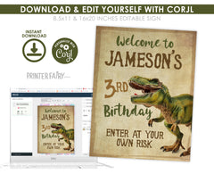 Editable Dinosaur Birthday Welcome Sign, T-Rex Party (Instant Download)