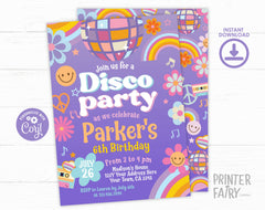 Editable Disco Birthday Party Invitation, Retro 70s Dance (Digital Item)