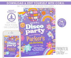 Editable Disco Birthday Party Invitation, Retro 70s Dance (Digital Item)