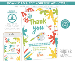Art Birthday Thank You Card, Editable Paint Party (Digital Item)