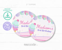 Editable Ice Cream Birthday Party Toppers, Round Labels (Digital Download)
