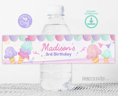 Editable Ice Cream Birthday Water Bottle Label (Digital Download)