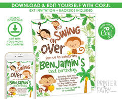 Monkey Birthday Invitation Editable Template, Instant Download