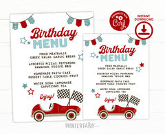 Race Car Birthday Party Menu, EDITABLE dinner sign, Racing Car Party, Racing Party Decorations, Racing Car Birthday Party, Printable Menu