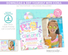 Pool Birthday Party Invitation with Photo Editable Template INSTANT DOWNLOAD