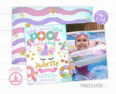 Unicorn Pool Birthday Party Invitation with Photo, Editable (Digital Item)