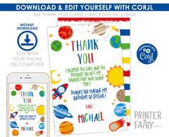 Editable Space Birthday Thank You Card, Galaxy Theme (Instant Download)
