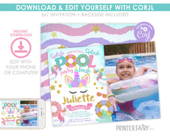 Unicorn Pool Birthday Party Invitation with Photo, Editable (Digital Item)