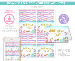 Unicorn Pool Party Food Tents, EDITABLE Template, Instant Download