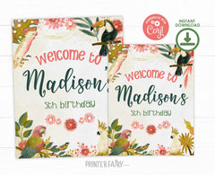 Tropical Bird Birthday Welcome Sign, Luau Party Decor (Instant Download)