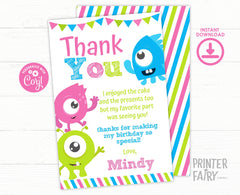 Monster Birthday Thank You Card, EDITABLE (Digital Download)