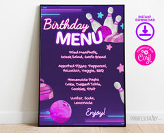 Bowling Birthday Party Menu, Editable Printable Sign (Instant Download)
