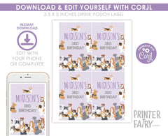 Puppy Birthday Drink Pouch Label, Editable Pet Adoption Party (Digital)