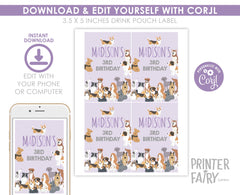 Puppy Birthday Drink Pouch Label, Editable Pet Adoption Party (Digital)