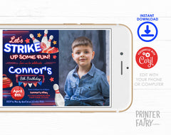 Bowling Birthday Photo Invitation, Editable Template (Digital Download)
