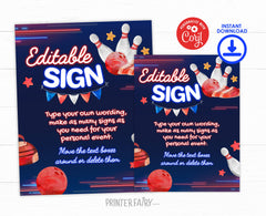 Bowling Birthday Party Sign, Editable Printable Poster (Instant Download)