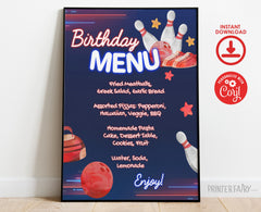 Bowling Birthday Party Menu, Editable Printable (Instant Download)