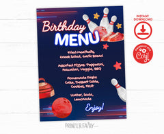 Bowling Birthday Party Menu, Editable Printable (Instant Download)