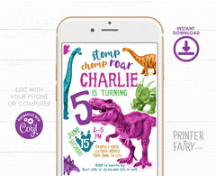 Editable Dinosaur Birthday Invitation, T-Rex Party Invite (Instant Download)