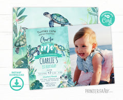 Sea Turtle 1st Birthday Invitation, Photo, Under The Sea (Editable)