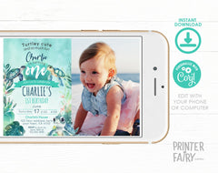 Sea Turtle 1st Birthday Invitation, Photo, Under The Sea (Editable)