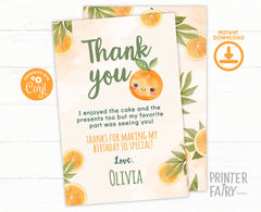 Sweet Orange Birthday Thank You Card, First Birthday Party (Digital Download)
