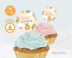 Sweet Orange Birthday Party Toppers, Editable Round Labels (Instant Download)