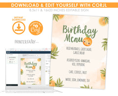 Sweet Orange Birthday Menu Sign, Editable Party Food Table (Digital Download)