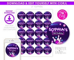 Bowling Birthday Party Toppers, Editable Round Labels (Digital Download)
